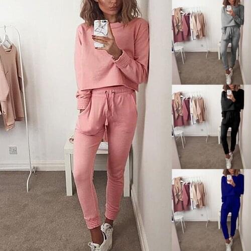 Spring And Autumn New Womens Solid Color Lace-up Long-sleeved Fashion T-Shirt Trousers Home Wear Casual Sports Jogging Suit