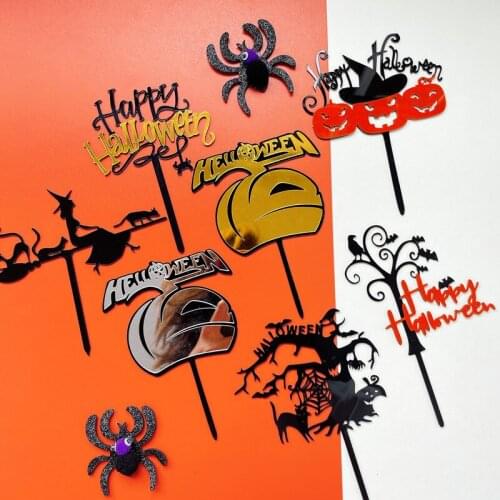 New Happy Halloween Acrylic Cake Topper Pumpkin Witch Bats Halloween Cupcake Topper For Holiday Halloween Party Cake Decorations