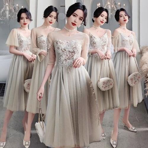 Bridesmaids Dresses Illusion Spaghetti Straps Embroidery Sequined V-Neck A-Line Knee-Length Tulle Women Wedding Party Gown E231