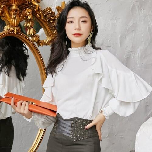 Spring Summer New render Korean White Lantern Long Sleeve Women Chiffon Shirt Officelady Blouse tops garment Casual camisa mujer