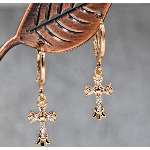 Classic Trendy Gold Plated Cross Dangle Drop Earrings White Stone For Women Girls Fashion Jewelry Accessories Wedding Birthday