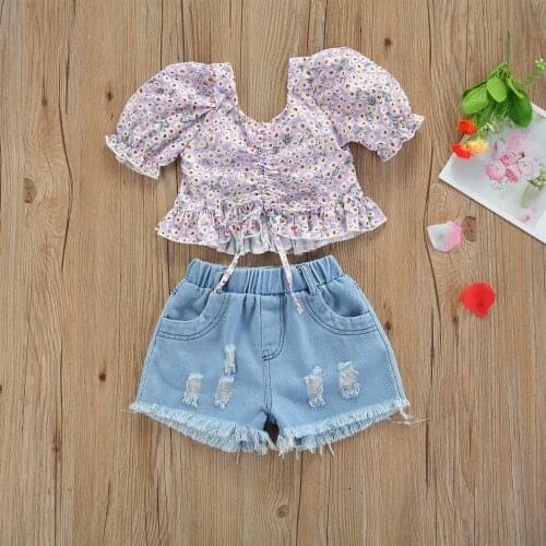 Girl Short Sleeve Tops Shorts Suit Floral Lace Up Ruffle Summer Shirt Denim Ripped Pants Sunsuit