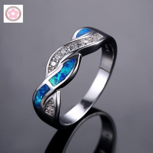 JZ0051 AAA Blue Opal & White Zircon Wavy Rings Cocktail Ring Fashion Jewelry