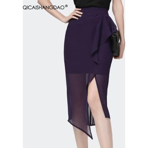 Fashion High Waist Split Purple Chiffon Pencil Skirt Women Summer New Slim Ruffles Sexy Elegant Wrapped Office Lady Midi-Skirts