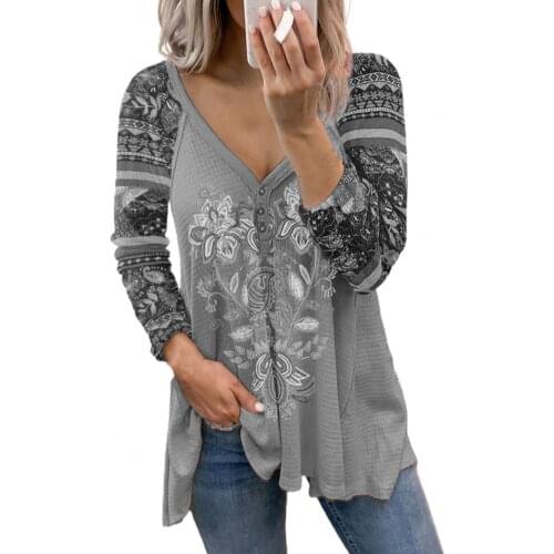 Retro Print Women Casual Blouse Long Sleeve Autumn WinterFloral Printing V Neck Slim Fit Pullover Top Streetwear