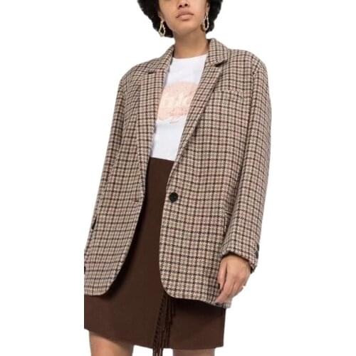 Women Jacket Short Cotton Korean Version of All-match Plaid Suit Collar Black One-button Jacket