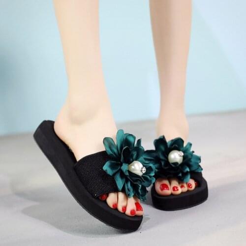 Women Summer Fashion High Heel Sandals Beach Shoes Womens Seaside Holiday Non-Slip Slippers Flowers Outdoor Casual Slippers