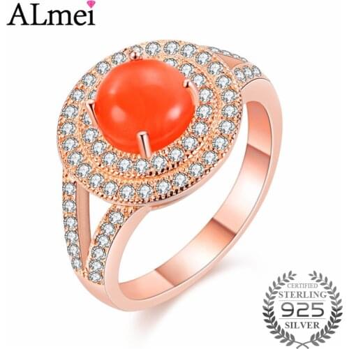 Almei 2ct Orange Natural Agate Halo Wedding Rings Women Rose Gold Color African Beads 925 Sterling-Silver-Jewelry with Box CJ025