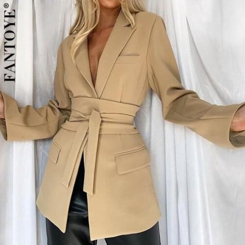 Fantoye Solid Notched Collar Lace-up Blazer For Women Black Long Sleeve Suit Women 2021 Autumn Elegant Slim Fashion Blazer Coat