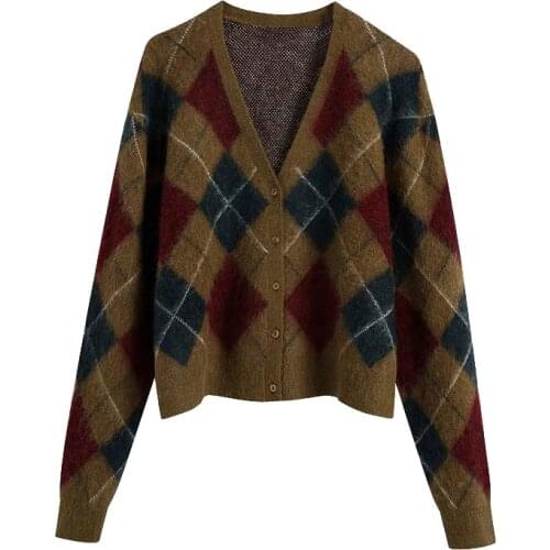 2021 New Women Fashion With Ribbed Trims Argyle Cardigan Sweater Vintage Long Sleeve Button-up Female Outerwear Chic Tops