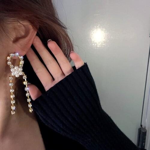 2021Korean Fashion Geometric Circle Rhinestone Pearl Flower Tassel Earring Temperament Jewelry A Pair Dangle Earrings for Women
