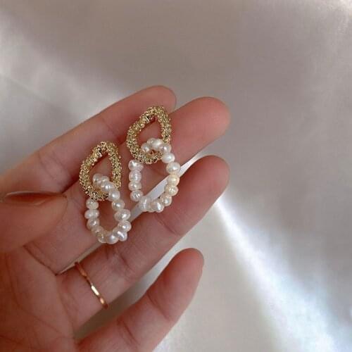 ALLNEWME Natural Freshwater Pearl Earring Twisted Beads Circle Cross Hanging Dangle Earrings Unusual Baroque Wedding Jewelry