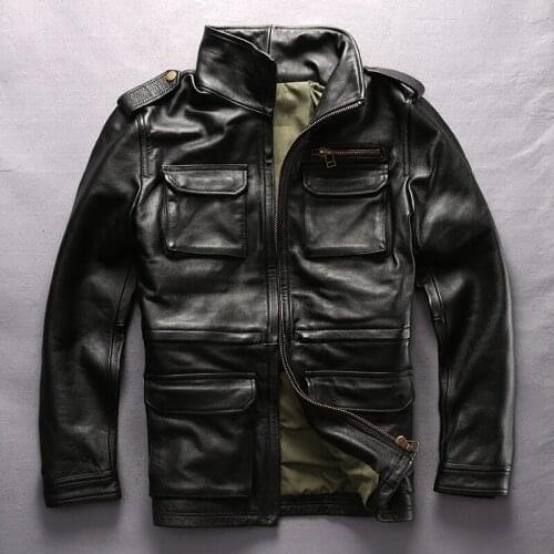 AVIREXFLY 2020 Men Long M65 Military Pocket Cow Leather Jacket Genuine Brown Thick Cowhide Winter Russia Coats M-5XL