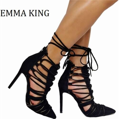 Black Suede Fabric Cross Strap Women Boots Fashion Pointed Toe Lace-up High Heels Ankle Boots Sexy Dress Party Shoes for Women