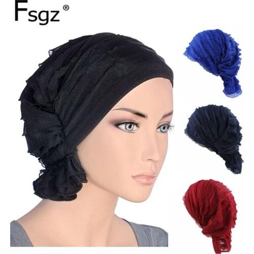 Fashion lace Headscarf Chiffon Omasum Pleated Hijabs Muslim Turban For Women solid spandex Bandage hair Accessories girls 2020
