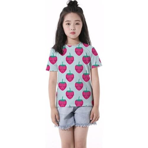 Girls 3-10 Y Summer O-neck Short Sleeve 3D Digital Print Bashful Strawberry Pattern T-shirt Fashion Korean Style Girls T-shirts