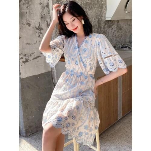 Jastie Floral Embroidered V-Neck Short Sleeve Summer Dresses for Women Clothing 2021 Fashion Lady Dress Boho Short Beach Vestido