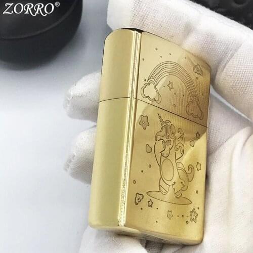Zorro Kerosene Lighter Pure Copper Shell Brass Carving Cartoon Unicorn Pattern Men Gift Collection Outside Ignition Tool