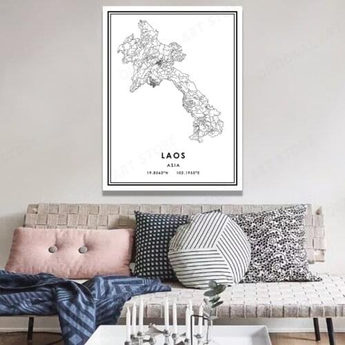 LAOS Decor Poster World Map Line Drawing Angular Canvas Art Print Wall Picture Home Decoration Living Room Bedside Murals