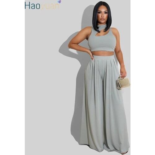 HAOYUAN Summer Two Piece Set Cut Out Crop Top Wide Leg Pants Women Casual Tracksuit Loungewear Outfits Office Lady Matching Sets