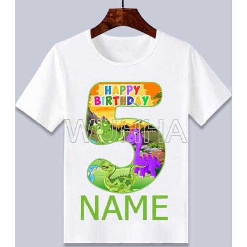 4-12 Number 2021 Summer Cartoon Dinosaur Happy Birthday Cute T Shirt White For Boys And Girls Birthday Gift