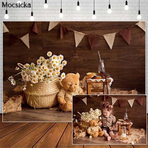 Mocsicka Brown Wood Board Cake Smash Photography Backdrops Bear Flower Decor Children Birthday Photocall Background Photo Studio