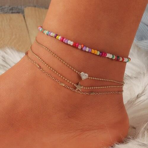 Trendy Metal Geometric Anklets Womens Classic Contrast Color Measle Alloy Pentagram Love Multilayer Anklets Jewelry for Girls