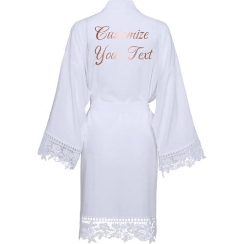 Custom Your Text Solid Cotton Kimono Bridesmaid Robes w/ Lace Trim Women Wedding Bridal Robe Short Belt Bathrobe Sleepwear Pink