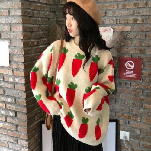 Women New Sweater O-Neck Hot Sale Printing Casual Korea Student Knitting Sweet Loose Cute Female Pullovers Sweatar