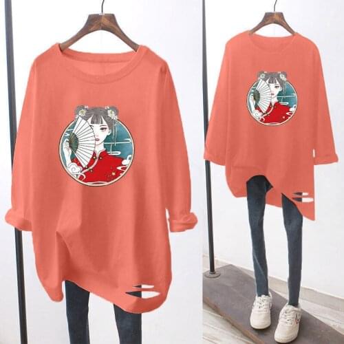 Autumn Long Sleeve T-shirt Cartoon Fan Girl Print Pullover Student Casual Top Shirts Women All Match Tee Shirt