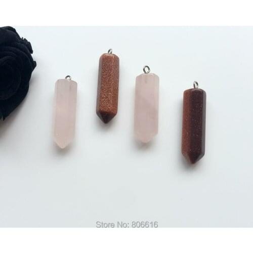 20Pcs 27*8MM Crystal Pillar Natural Pink Crystal & Goldstone Semi-precious Stone Necklace Charms Jewelry Pendants