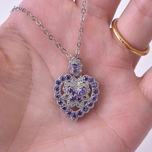 Fine Jewelry Vintage Charm S925 Silvery Heart Pendant Necklace Inlay Purple Crystal Zircon Elegant Women Wedding Birthday Gifts