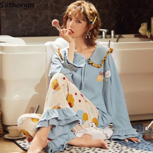 Pajama Sets Women Kawaii Sweet Students Ruffle Sailor Collar Sleepwear Casual Princess Style Cotton Pyjamas Comfortable New Chic