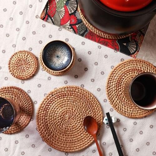 Natural Rattan Placemat For Dining Table Decorative Coaster Bowl Mat Coasters Insulation Placemats For Table Kitchen Accessories