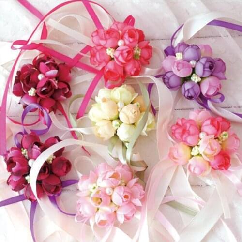Pols Bloem Rose Zijden Lint Bruid Corsage Hand Decoratieve Polsband Armband Bruidsmeisje Corsage Verstelbare Band Clip Boeket