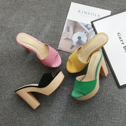 Candy color chunky heel slippers women suede leather platform flip flops ladies green high heels summer shoes peep toe slides136
