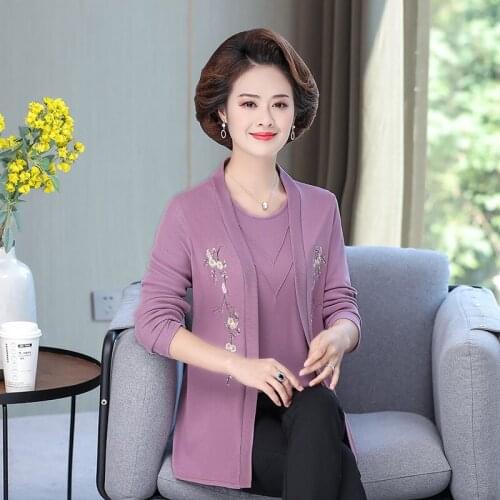 Long Sleeve Tops Real Two Piece Set Middle Age Mother Spring Autumn Thin Coat Women Knitted Shirt Tops