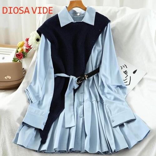 Can salt can be sweet fried street suit polo collar pleated hem dress irregular knitted vest two-piece