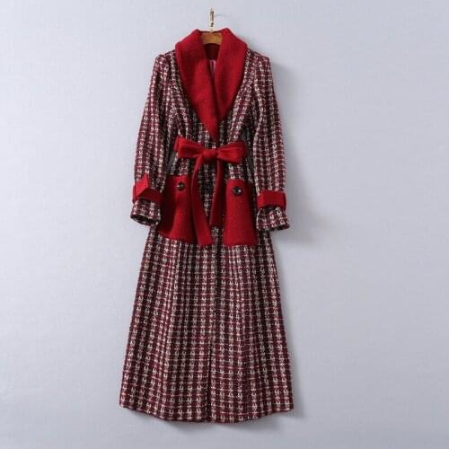 European and American womens wear 2020 winter new style Long sleeve lapel large pocket lace-up Fashionable tweed red coat