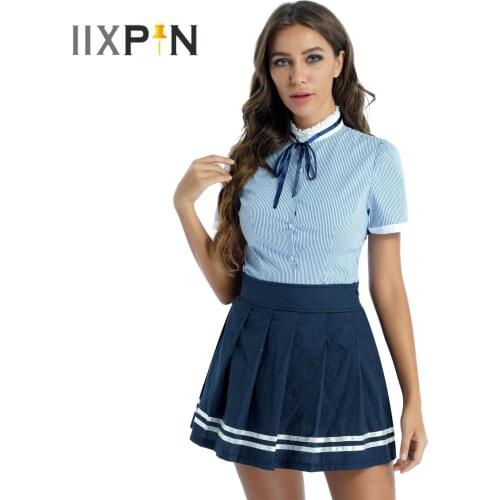 Womens Schoolgirl Uniform Suit Short Sleeve Bowknot Tops Button Down Striped Shirt with Pleated Skirt Role Play Costume Outfit