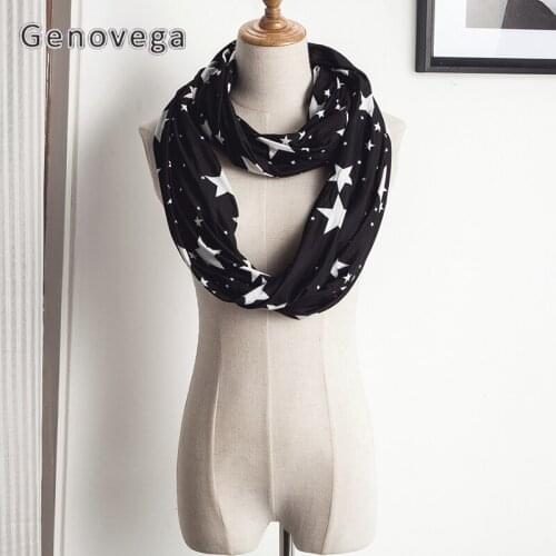 Genovega Print Pocket Scarf Women Warm Infinity Scarf Lady Ring Scarves Fashion Geometric Dots Stars Loop Scarf For Female