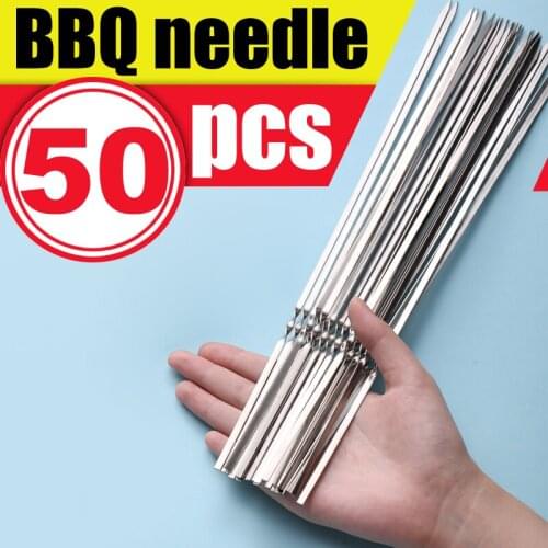 50 Pcs BBQ Needle for Barbecue Reusable Grill Stainless Steel Skewers Shish Kebab BBQ Camping Flat Forks Accessories Tools