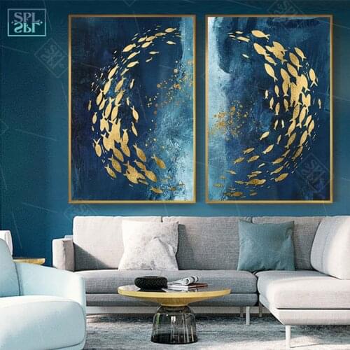 Abstract Gold Fish Chinese Canvas Painting Big Blue Poster Print Luxurious Wall Art For Living room Aisle Gold tableaux Picture