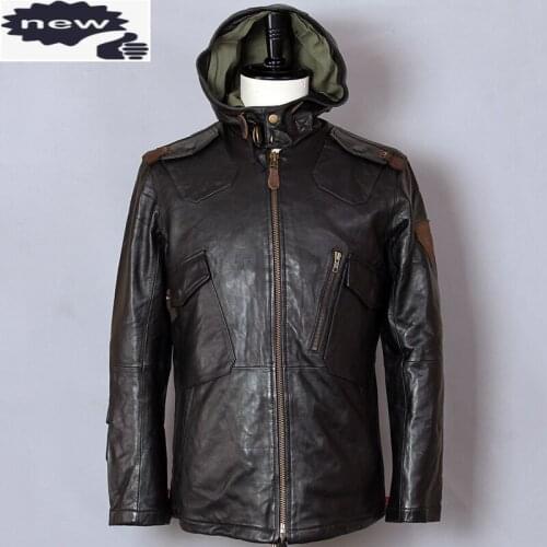 AVIREX FLY Fashion Hooded Genuine Leather Men Black Sheepskin Flight Pilot Jacket Windbreaker Slim Casual Coat