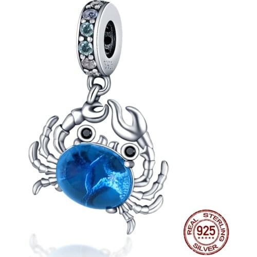 New Genuine 925 Sterling Silver Crab With Blue Zircon Fit Original 3mm Bracelet&Bangle Making Fashion DIY Jewelry For Women