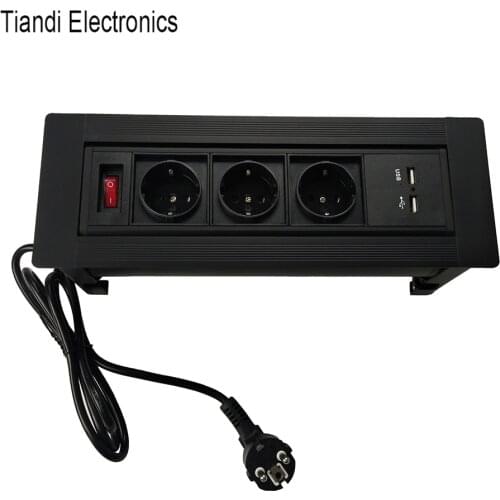 Black hidden dust proof outlet 3-bit EU power jack manual rotary right angle tabletop sockets and switches plug with USB charge