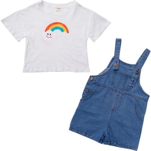 DFXD Kids Summer Clothes Set 2020 New Arrival White Rainbow T-shirt Denim Overall Pant Fashion Two Piece Girl Clothing Set 1-7T