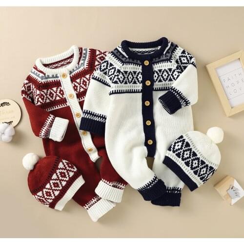 Baby Christmas Jacquard Knitted Romper Cute Long Sleeve O-neck Button-up Romper+Hat with Fuzzy Ball 2PCS Jumpsuit Costumes
