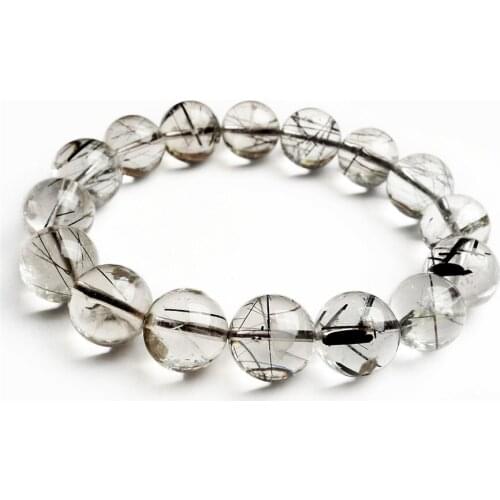 Precious Natural Black Hair Rutilated Quartz Bracelet 13mm Big Stretch Clear Crystal Round Bead Bracelets For Women Men