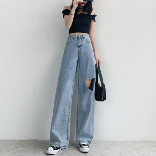 Retro Fashion Harajuku Jeans Womens High-waisted Wide-leg Jeans Simple Student Wild Loose Ripped Jeans Women summer